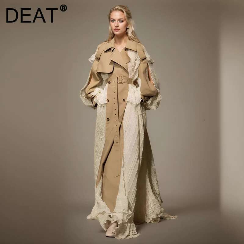 DEAT Fashion Lace Patchwork Trench Coat Women's Lapel Loose Double Breasted Sashes X-Long Windbreaker Spring 2025 New