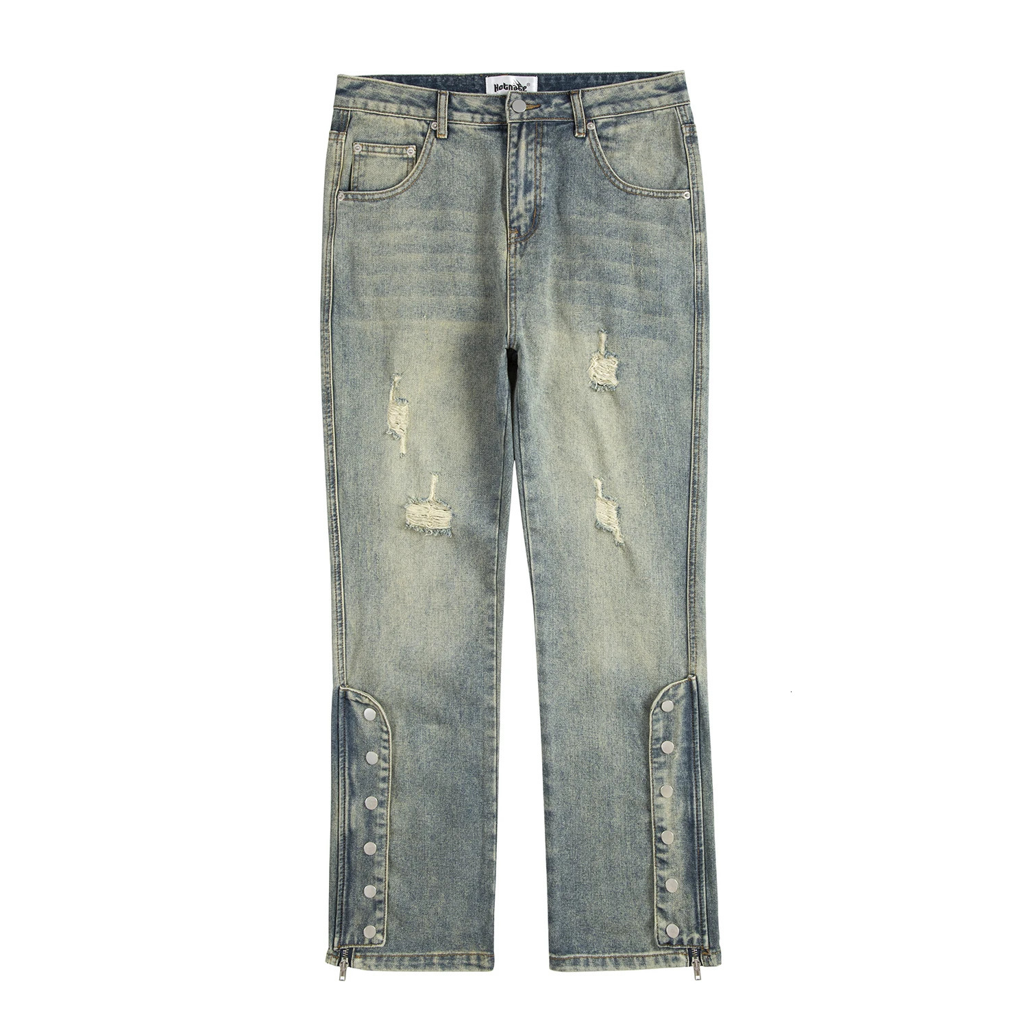 Streetwear Mens Blue Washed Jeans Relaxing Fit Side Zipper Buckle Cone Distressed Hole Denim Retro 250306wtt