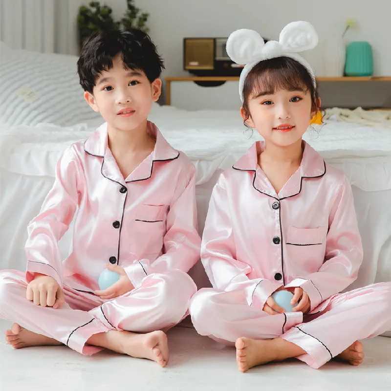 Button Spring Summer Pajama Childrens Satin Pajama Set Childrens Girls Silk Long Sleeve 2-piece Top+Pants M250306