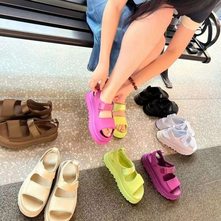 25 Summer New Velcro Sponge Cake Thick Bottom Increased Comfort Candy Color Versatile Casual One Word Open Toe Roman Sandals