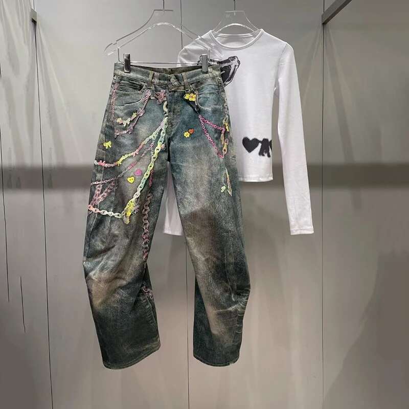 Women's Jeans, Loose Chain Printed Wide Leg Pants, Fashion Versatile High Quality Trousers, Spring, New, 2025, Y2k