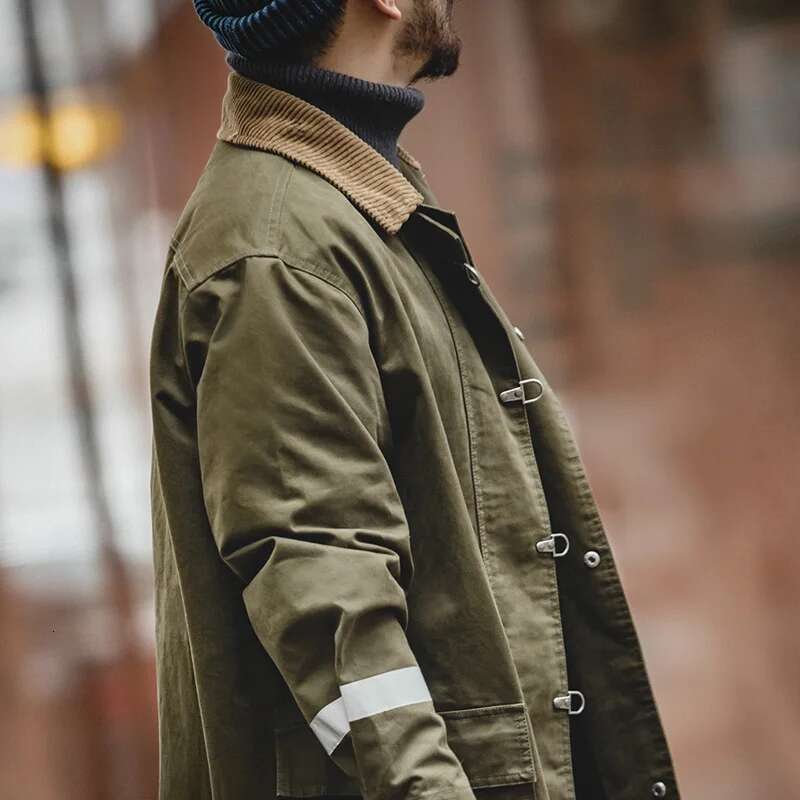 Maden Vintage Corduroy Turn-Down Trench Coat For Men Autumn Dark Green Mid-Length Jacket Men's Loose-Fit Outerwear Streetwear