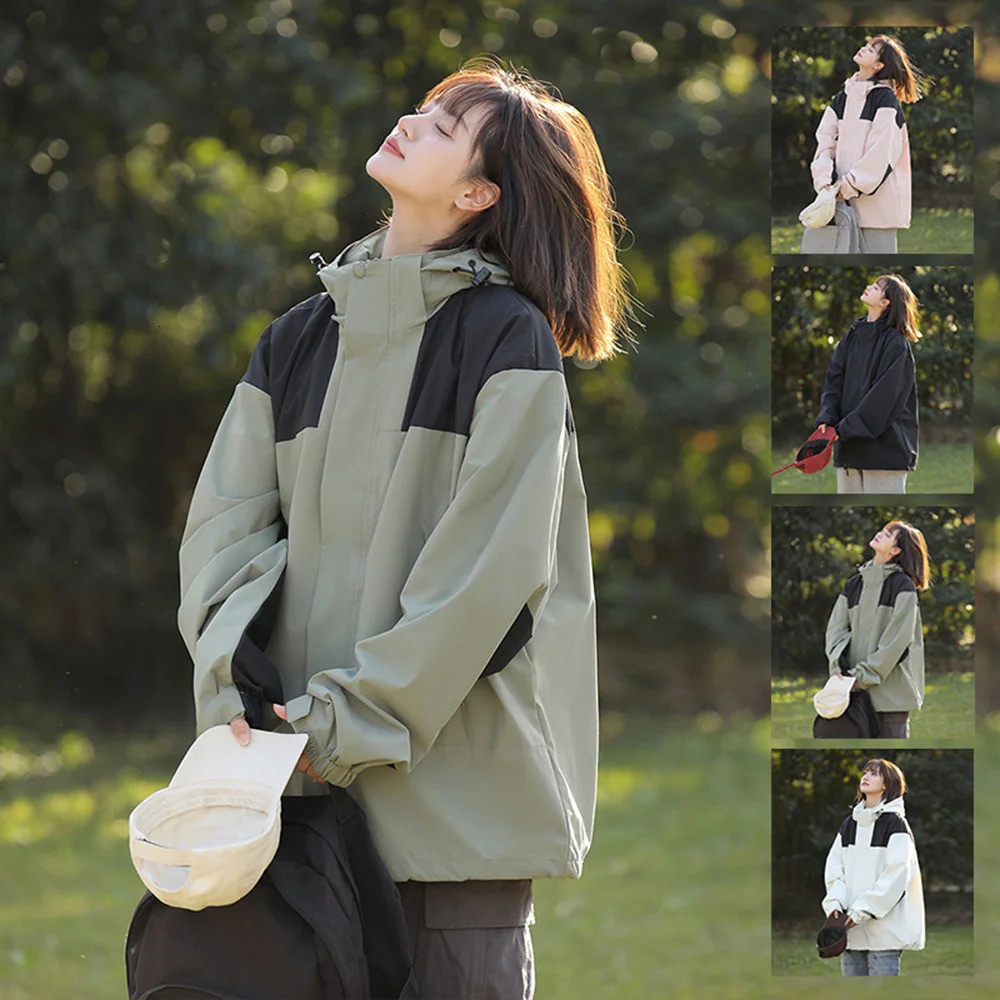 Womens autumn loose waterproof jacket casual fishing climbing hooded windproof outdoor camping unisex 250306