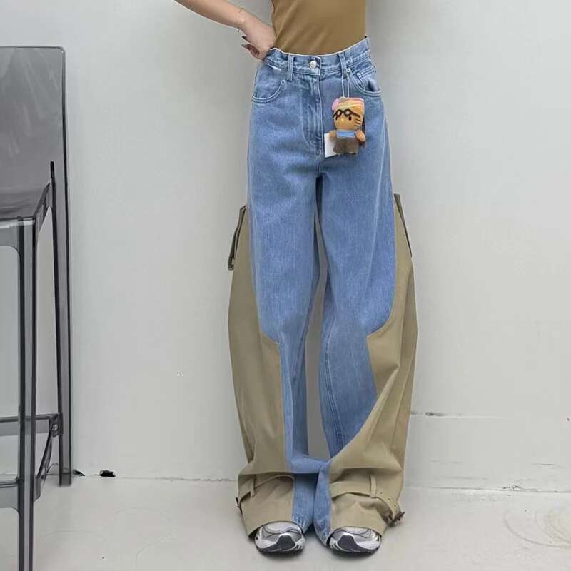 Women's Spliced Jeans, Heavy Duty Wide Leg Fashionable And Versatile Sports Pants, High Quality, Spring, New, 2025, Y2k