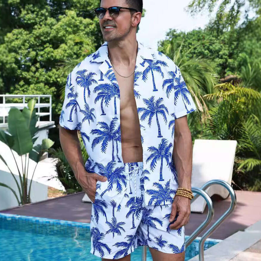 Hawaiian style shirt set for men's summer vacation, casual short sleeved shorts, beach wer shirt, pamas, 2025 new style, chic and elegant clothin