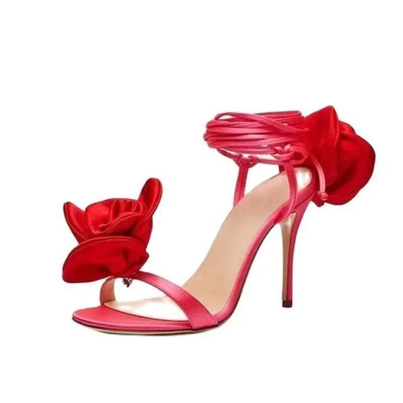 Dilalula 2025 New Silk Rose Decoration Ankle Wrap Thin High Heels Women Party Ladies Wedding Banquet Summer Sandals