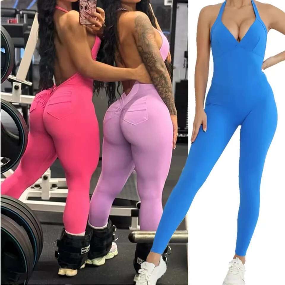 Pad Halter V Romper Women One Piece Jumpsuit Workout Yoga Set Open Back Clothing Scrunch Proof Butt Gym Active Suit KLMY