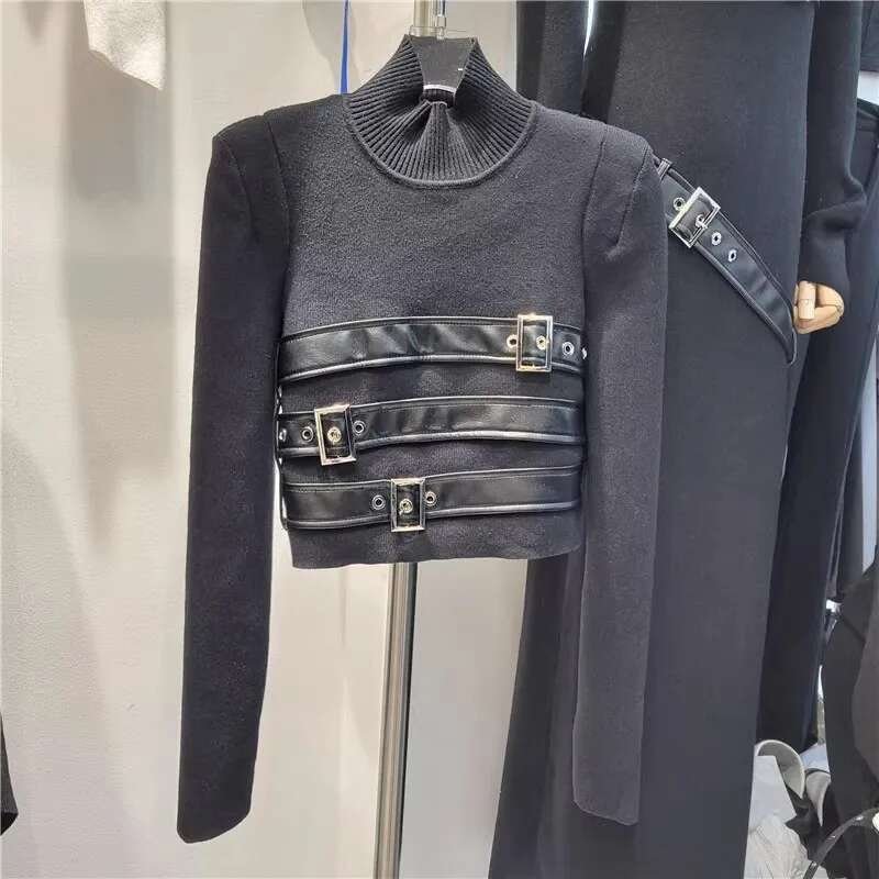 2025 Autumn Winter New Fashion Design Belt Buckle Slim Fit Knitted Tops For Women Turtleneck Long Sleeve Sweater
