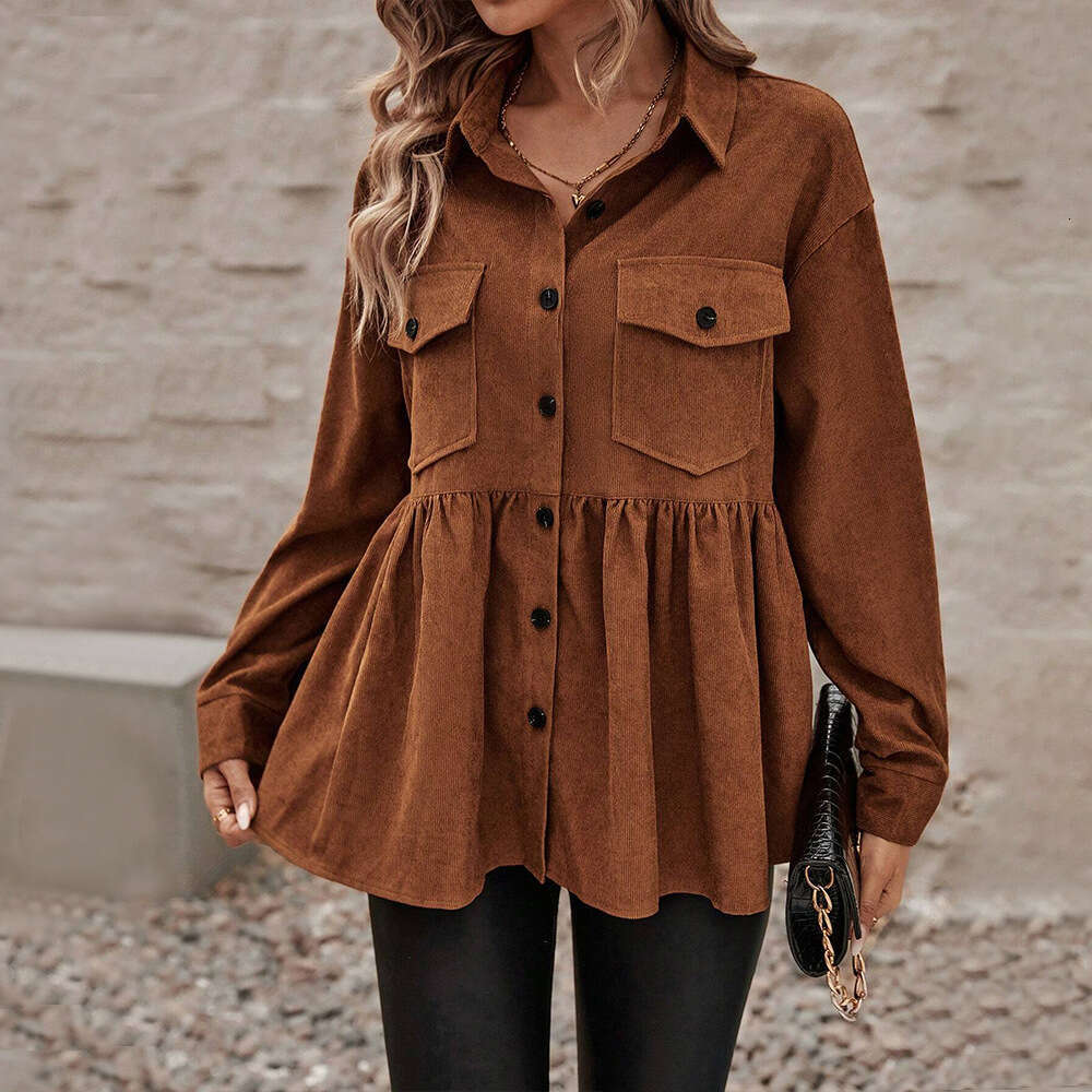 International Station Women's Versatile Commuter Long Sleeve Shirt Autumn/Winter Brown Loose Cardigan Top KLMY