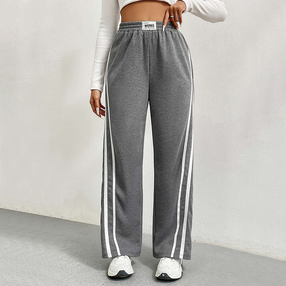 Women's Autumn/Winter Sports Pants, High Waisted Loose Straight Casual Sweatpants, Striped Patchwork Wide Leg Pants KLMY
