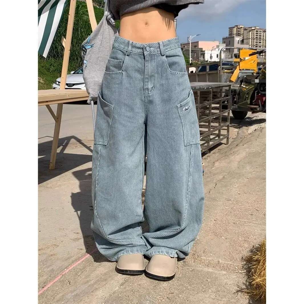 Hip Hop Fashion Y2k Original Design Large Pocket Jeans For Women Retro Spicy Girl Striped Oversize Wide Leg Or Length Pants