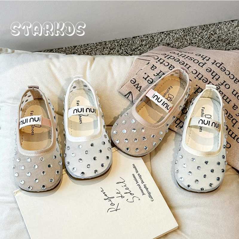Summer Breathable Lace Mesh Ballet Flats Kid Girls Luxury Brand Design Crystal Stud Net Ballerina Shoes Baby Child Bling ZapatosT250306