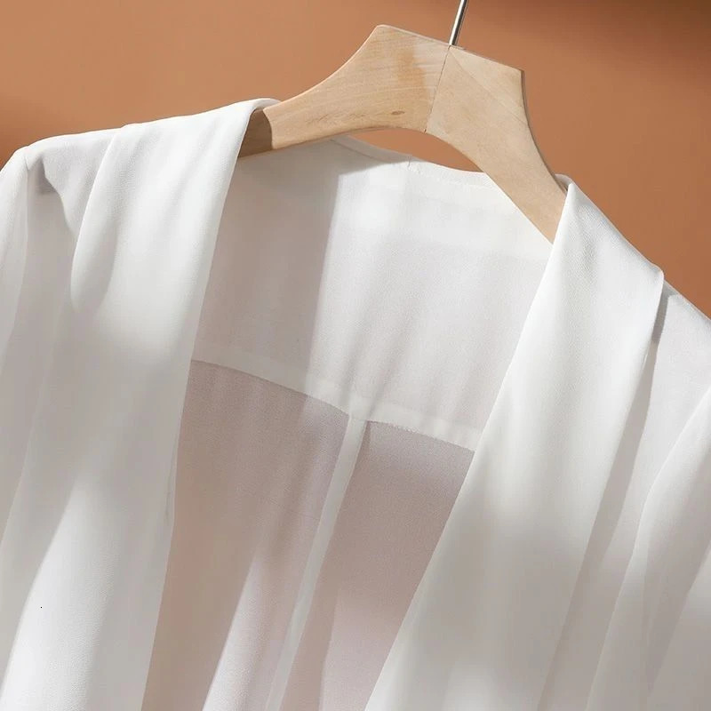 #3512 Black White See Through Chiffon Jacket Women Thin Sexy Short Sunscreen Coat Ladies Asymmetrical Kimono Cardigan 250306