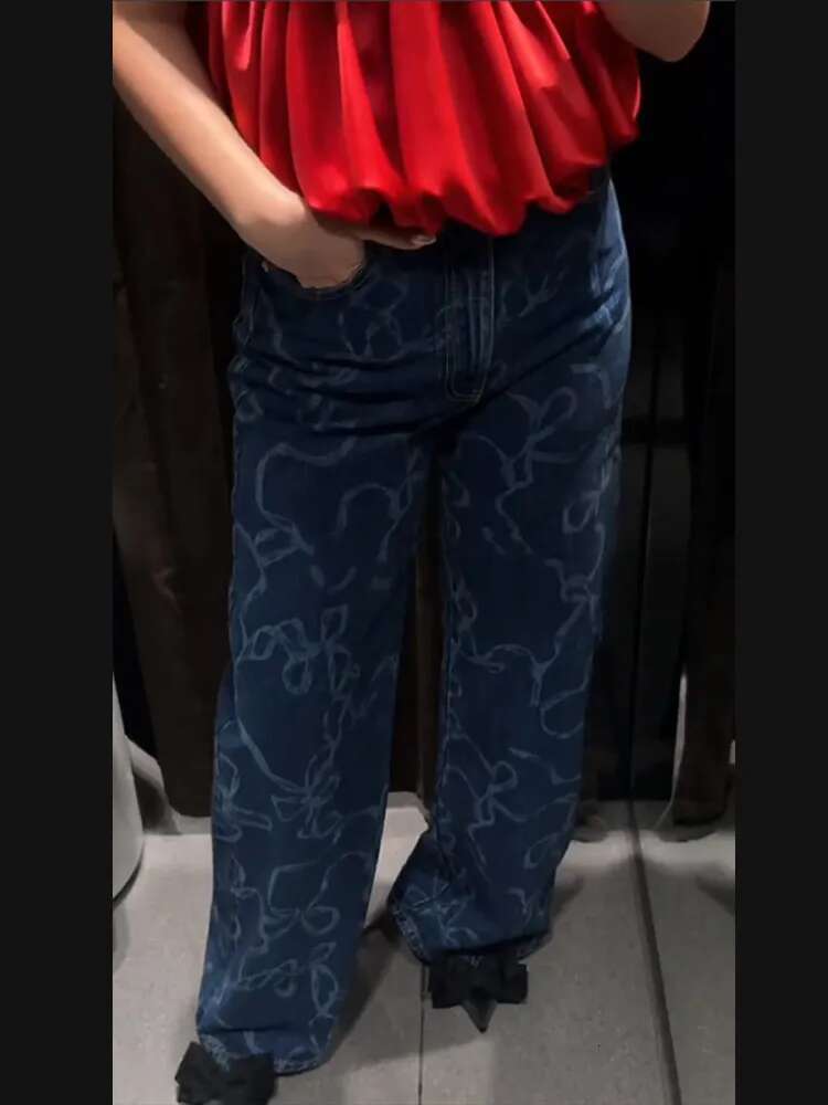 Street Print Panelled Jeans Women Y2k Wide Leg Zippers Button Pocket Female Pants 2025 Spring Summer New Urban Lady Trousers