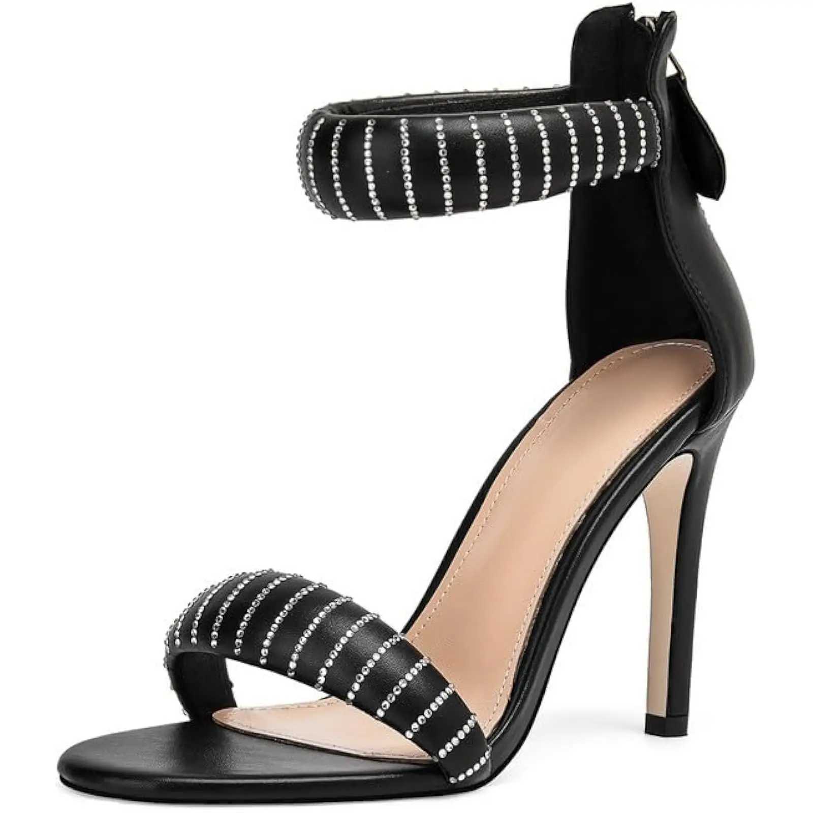 Wens Stiletto Heel Sandals Ankle Strap with Rhine Detail and Back Zipper Round Open Toe High H for Prs and Part Y250306