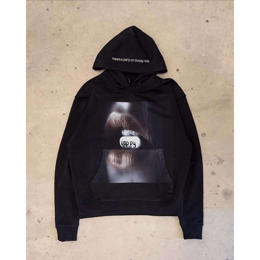 2025 American New Fashion Street Couple Style Trendy Black Hoodie Printed Design Unique Personality