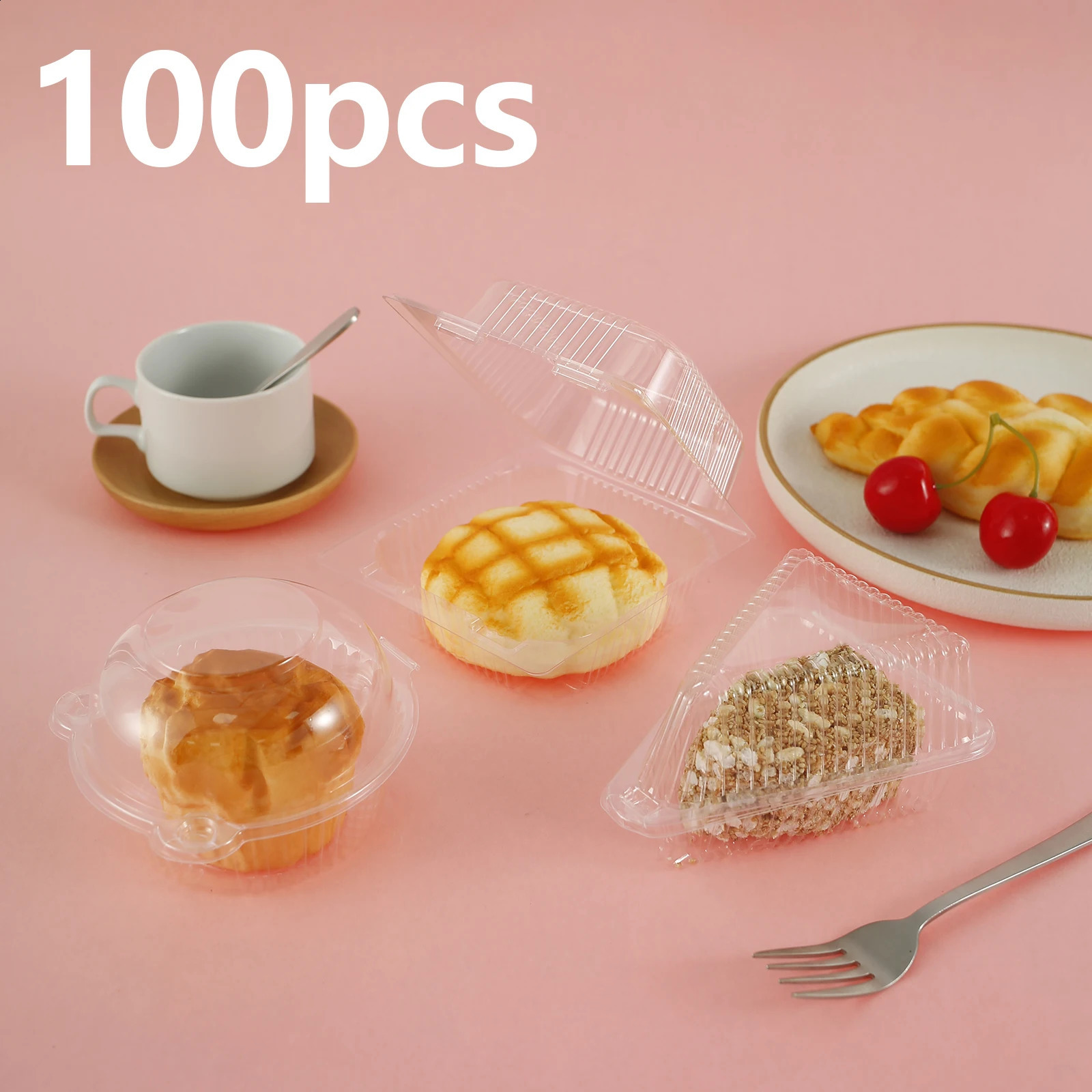 100Pcs Cake Slice Boxes Disposable Food Container with Lid Stackable Clear Storage Box for Pie Cupcake Dessert Kitchenware 250304