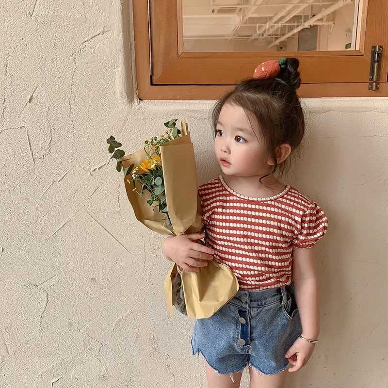 2024 Summer New Korean Style Baby Girls Striped T-shirts Bowknot Backless Puff Sleeve Tops Toddlers Kids TeesT250306