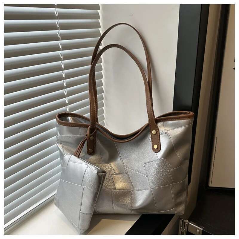 PU Vintage Patchwork Leather Casual Tote Bags For Women, Large Capacity Shoulder Bag Ladies Handbags And Purses Women,