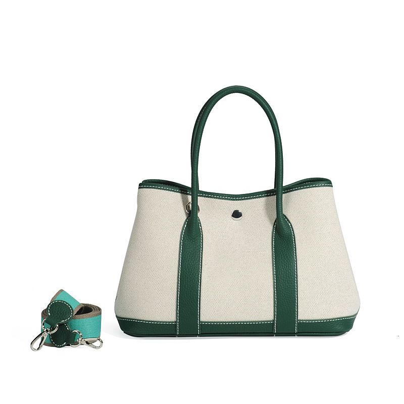 Large Capacity Garden Canvas Splicing, Contrasting Leather, Top Layer Cowhide, Hand-Held Single Shoulder Shopping Bag, Bucket Tote Bag