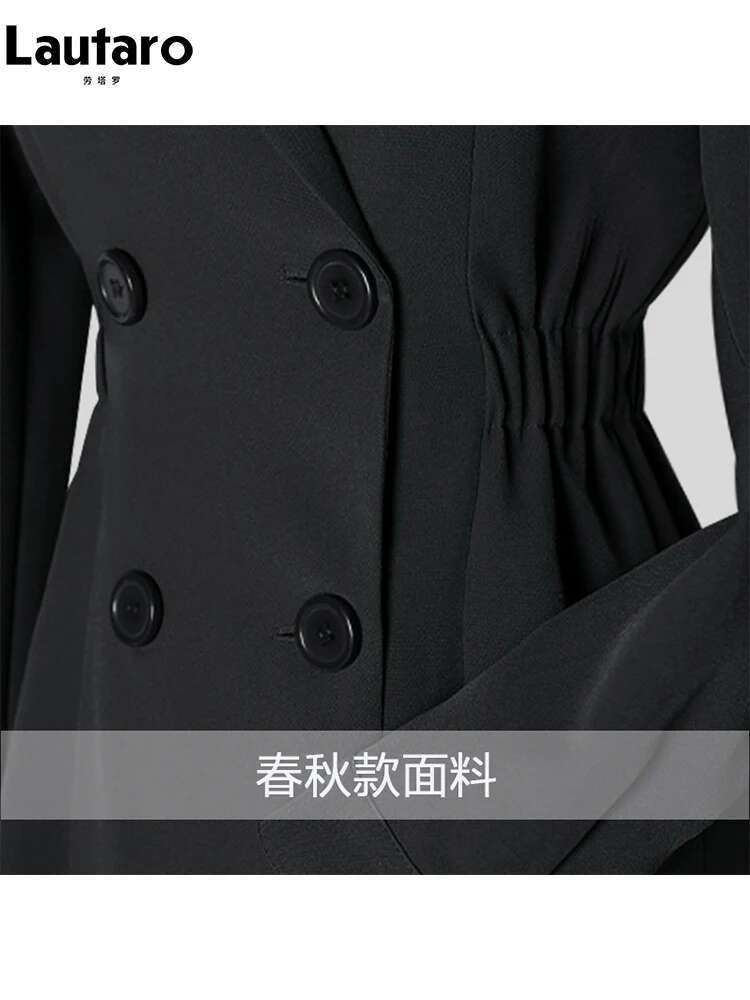 Lautaro-Long Black Fitted Trench Coat For Women, Chic Stylish, Single Breasted, Designer Clothing, Spring, Elegant