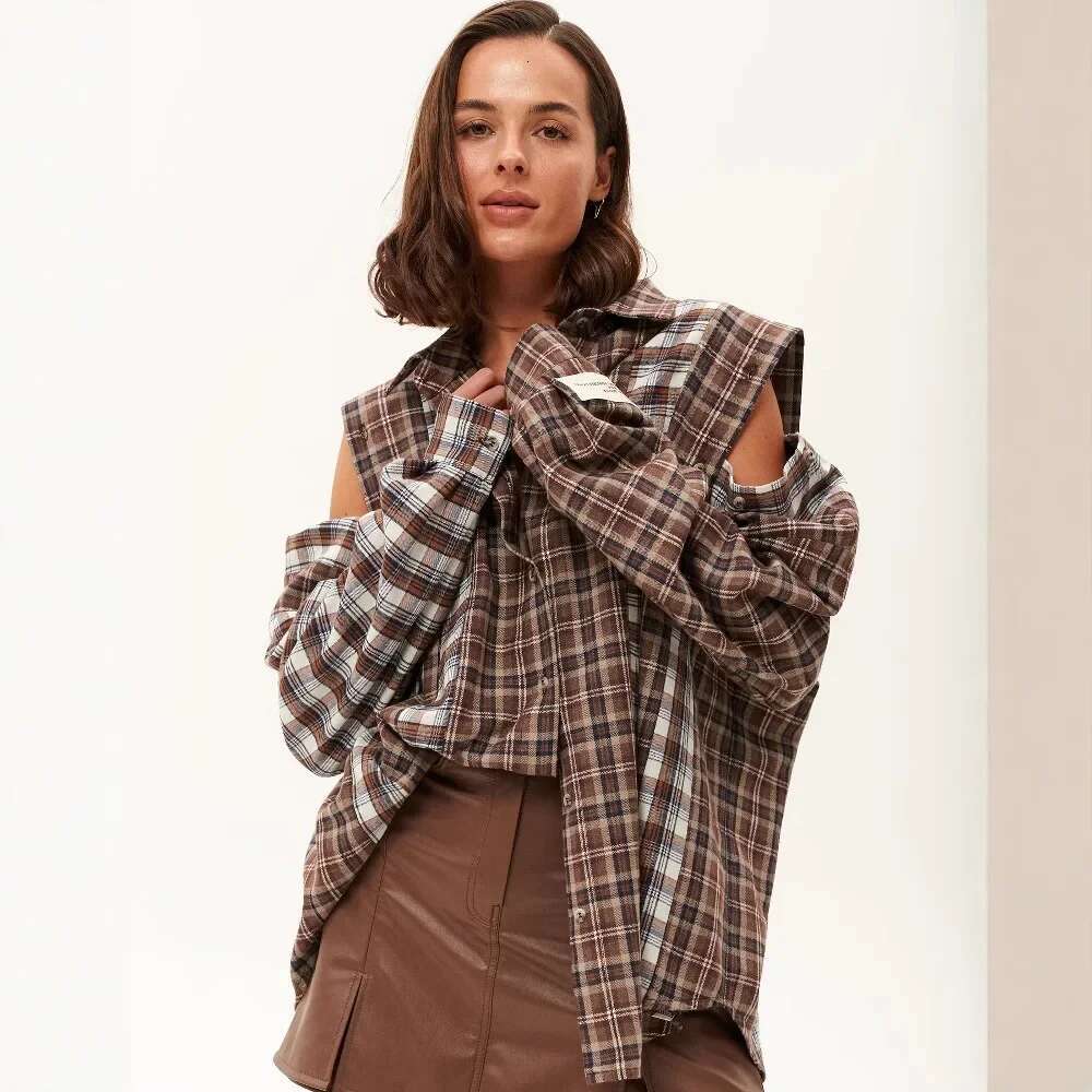 Fashionable Cross-Border New Women's Plaid Top Sensible Niche Design Spring Autumn Cotton Material Shirt Sleeve