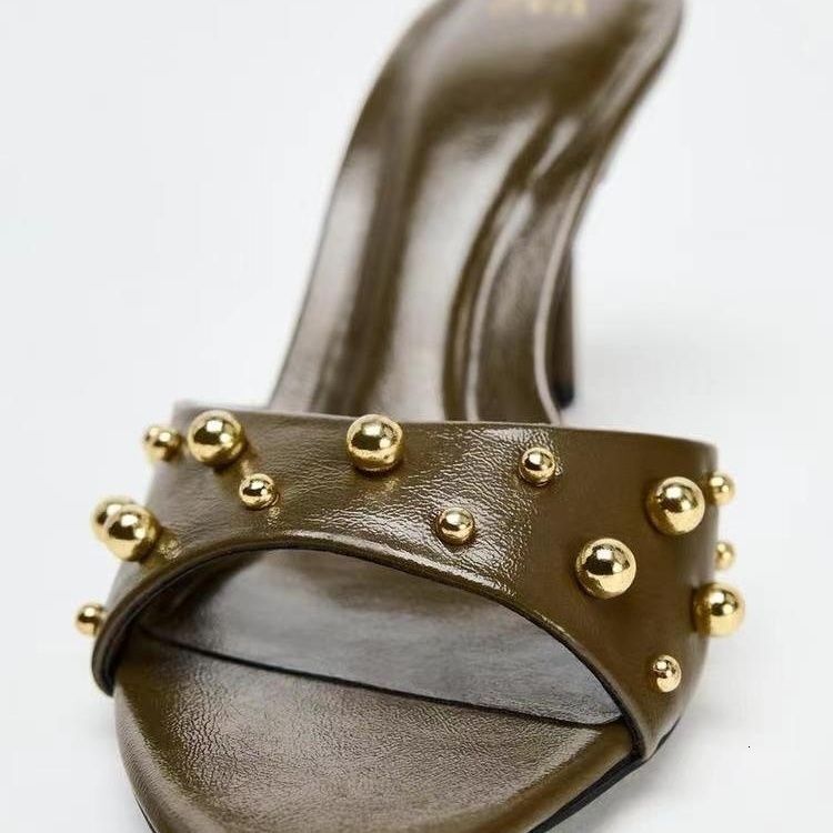 ZA Shoes 2024 Summer New Style Waste Earth Wind Rivet Army Green One Foot Stiletto High Heel Sandals Women's French