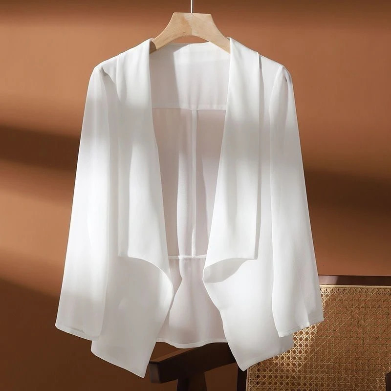 #3512 Black White See Through Chiffon Jacket Women Thin Sexy Short Sunscreen Coat Ladies Asymmetrical Kimono Cardigan 250306