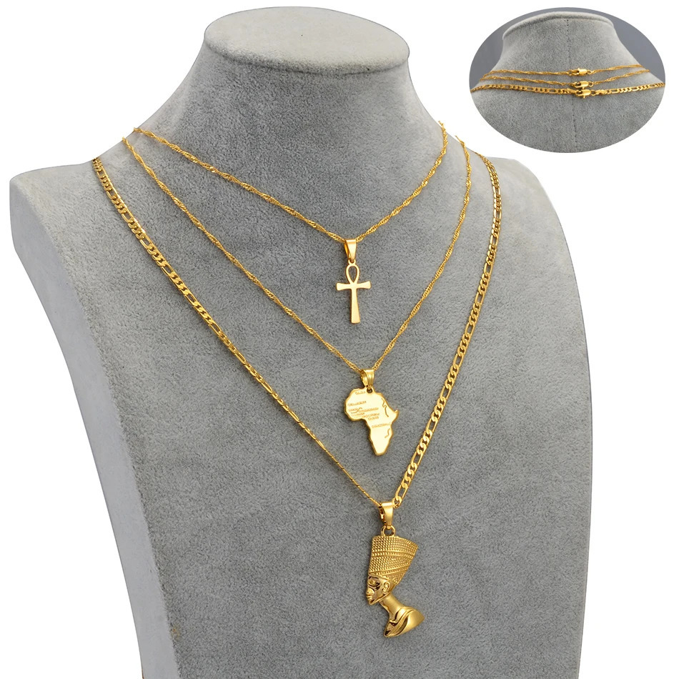 Anniyo 3pcs Necklaces Together Ankh Nefertiti Africa Map Pendant Gold/Silver Color Birthday Party Ethnic Jewelry Women #2406 250227