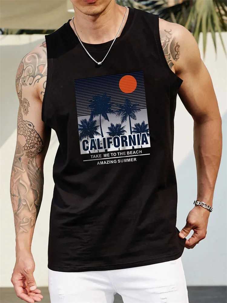 Hawaii Mens Beach Vacation Breathable T-Shirt Coconut Tree Print O-Neck Large Size Vest Mens Outdoor Sports Breathable VestT250318