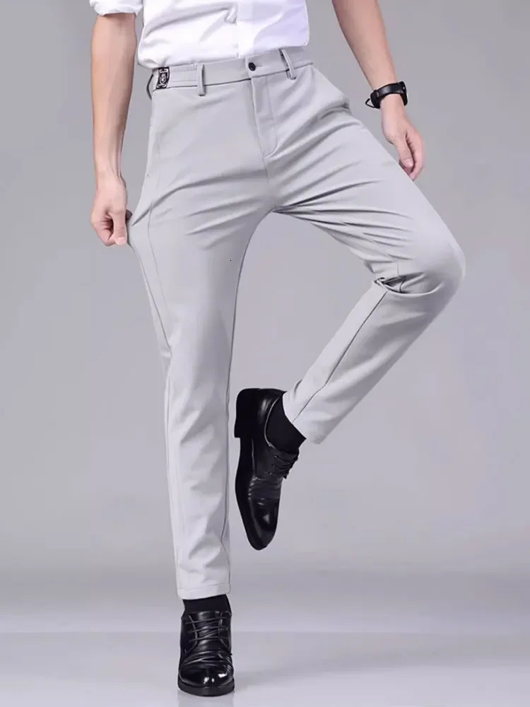 Mens casual pants semi elastic waistband nylon ice silk elastic straight tube light gray business gentleman summer casual 250305Z
