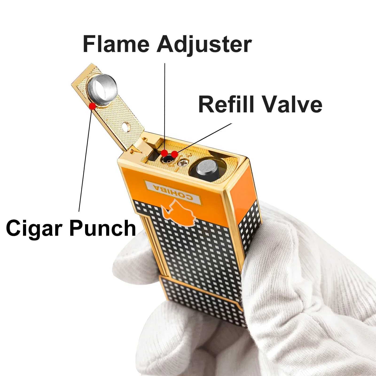 Metal Cigar Lighter Windproof Grinding Wheel Firestone Torch Jet Flame Inflatable Butane Gas Lighter Cigar Accessories Gift BoxC250307