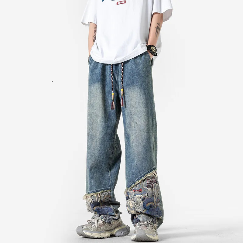 Spring Wide-Leg Gradient Denim Trousers with Drawstring for Men Retro Ethnic Style Embroidery and Fringes 250306
