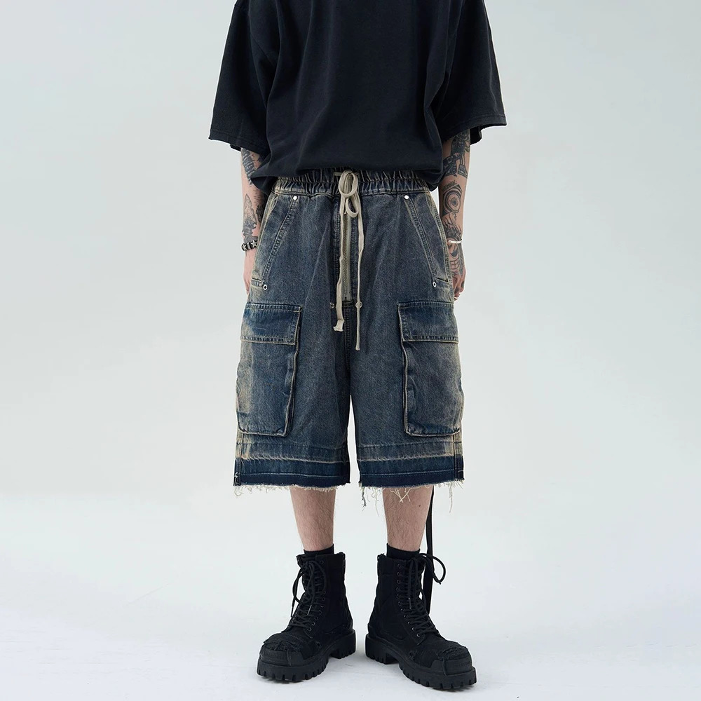 Summer retro blue wide leg brushed denim shorts with washed loose denim mens fashion trend straight Y2k shorts 250306