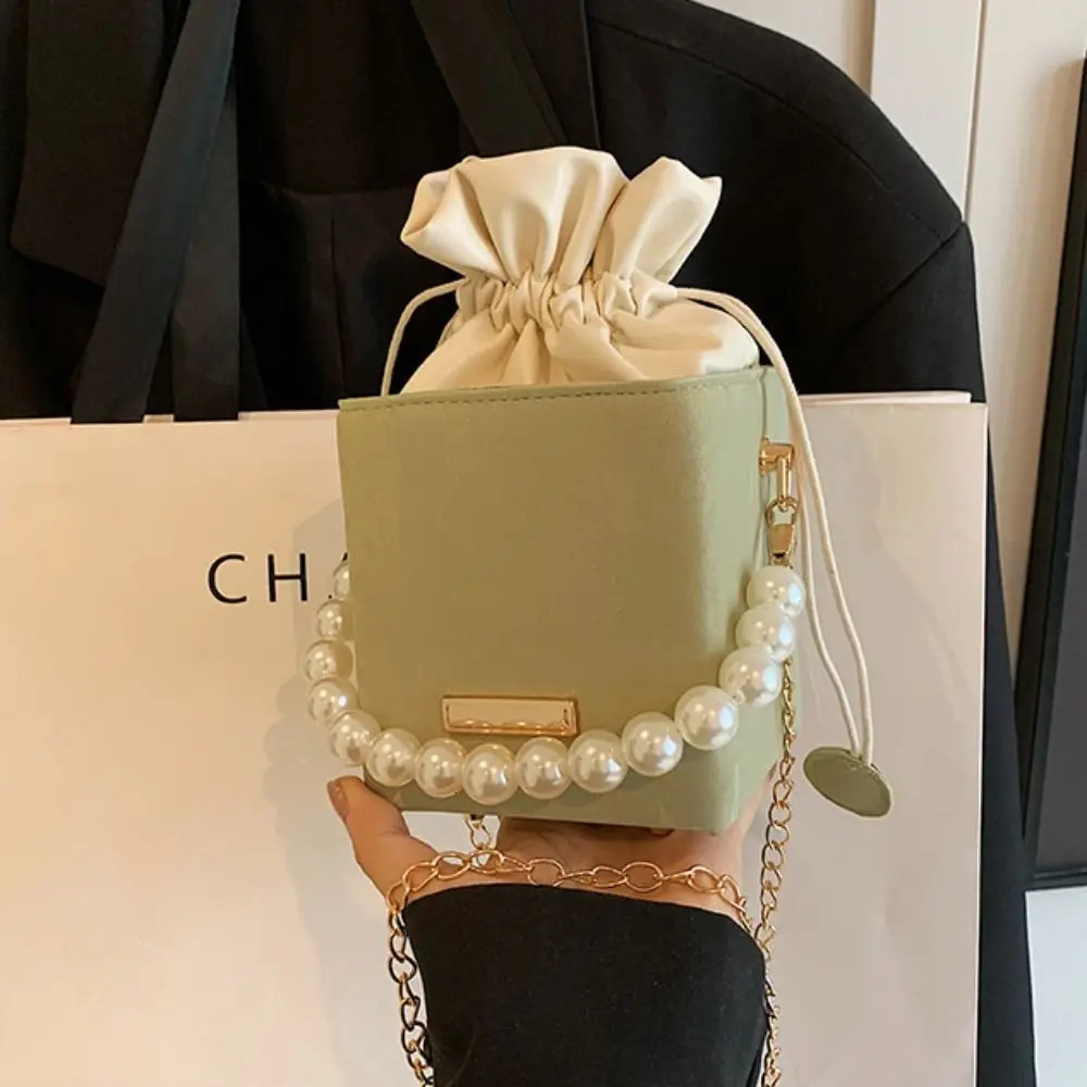 Retro Pu Leather Women Bucket Bag Square Vintage Drawstring Crossbody Pearl Chain Strap Shoulder Outdoor 250227