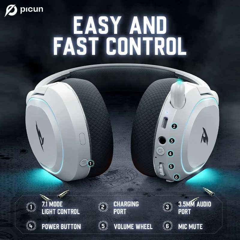 Picun G2 Wireless Gaming Headset wireless connections 5.3 2.4G Headphones 7.1 Surround 5ms Low Latency ENC Mic for PC Phone Switch X250307