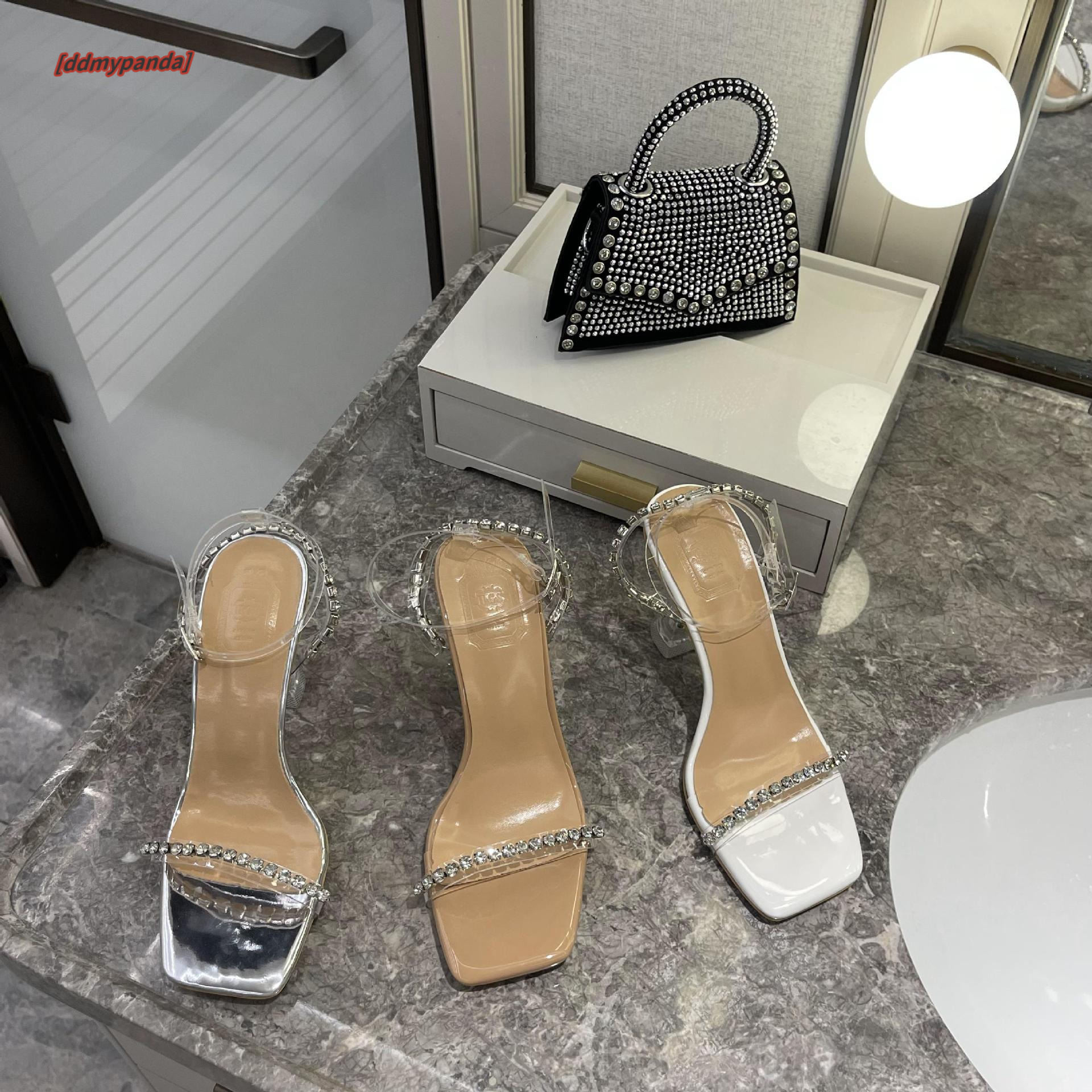 2025 Summer New Type One Belt Fairy Water Diamond Square Head Wine Glass Crystal Transparent High Heel Sandals for Women #ddmypanda