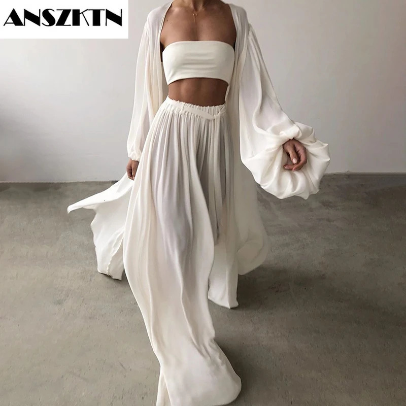 ANSZKTN Short Vest Lantern Long Sleeve Coat High Waist Wide Leg Pants Sexy Women 2 pieces Sets 250225