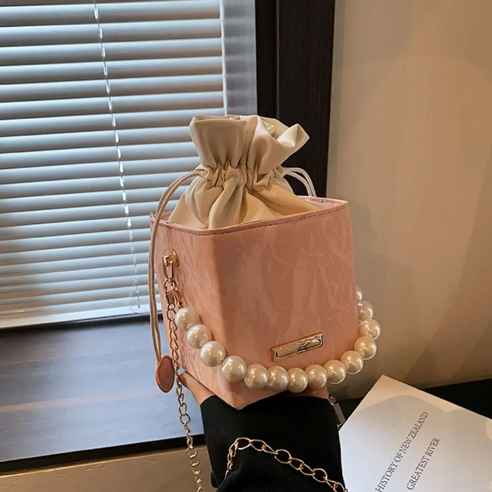 Retro Pu Leather Women Bucket Bag Square Vintage Drawstring Crossbody Pearl Chain Strap Shoulder Outdoor 250227