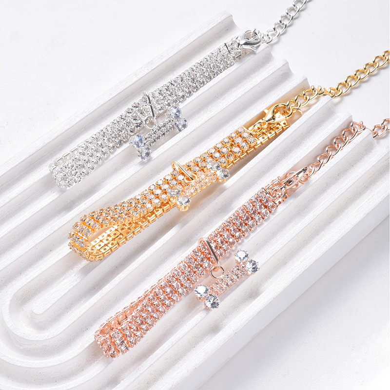 Cat Dog Collar Adjustable Pet Necklace with Diamond Zircon Bone Pendant Jewelry Luxury Metal Copper Puppy Collars Dog Supplies