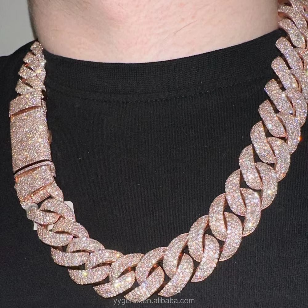 Custom Moissanite Heavy Silver Chain for Men 13mm-22mm Width S925 Solid Rose Gold Plated VVS Moissanite Diamond Cuban Link Chain