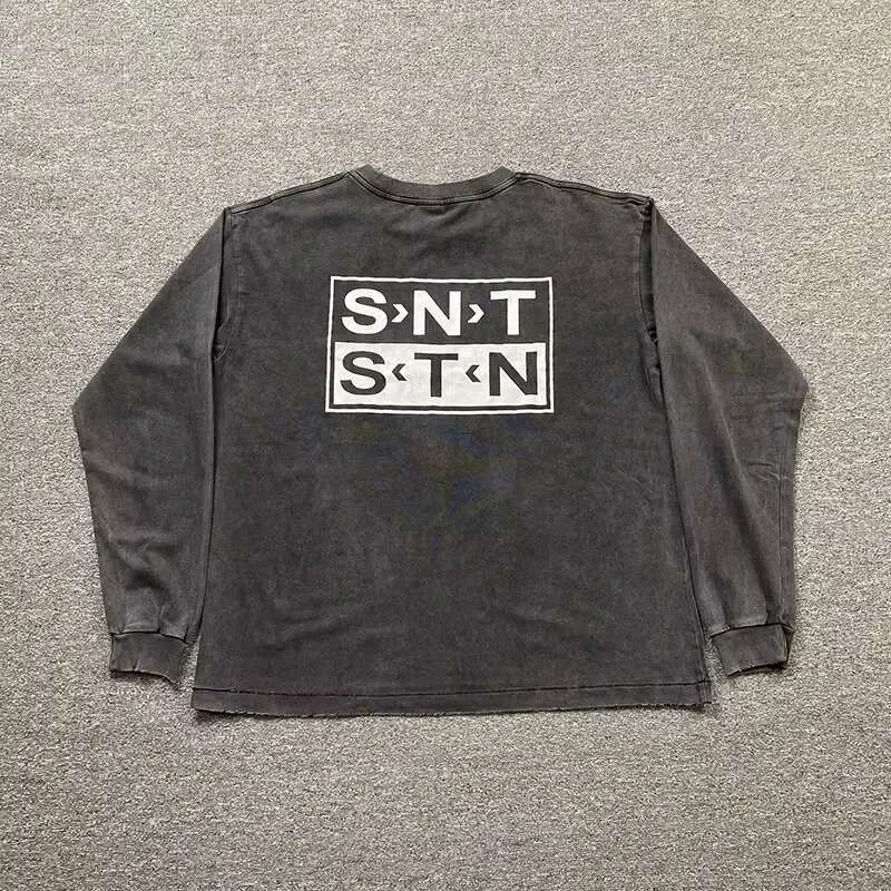 Casual Washed Saint Long Sleeve Tee Men Woman 1:1 2024Fw Best Quality Vintage Letter Printing Damaged High Street Top
