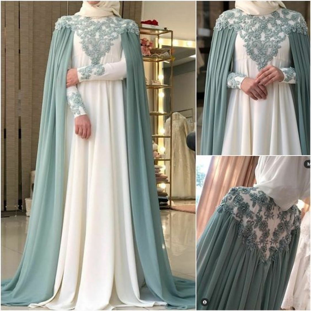 Elegant Muslim Evening Dresses With Cape Lace Appliques Beaded Ivory And Sage Hijab Long Formal Occasion Dress Full Sleeves Arabic Dubai Prom Gown