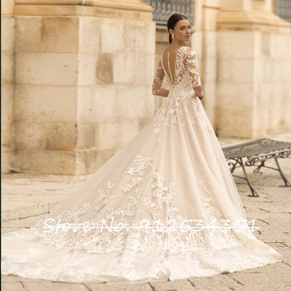 Wedding half sleeve dress button back vintage robe mariage appliques tulle fashion hochzeitskleid wedding dresses