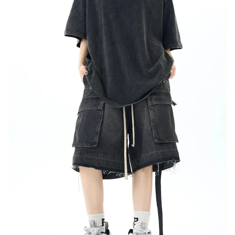 Summer retro blue wide leg brushed denim shorts with washed loose denim mens fashion trend straight Y2k shorts 250306