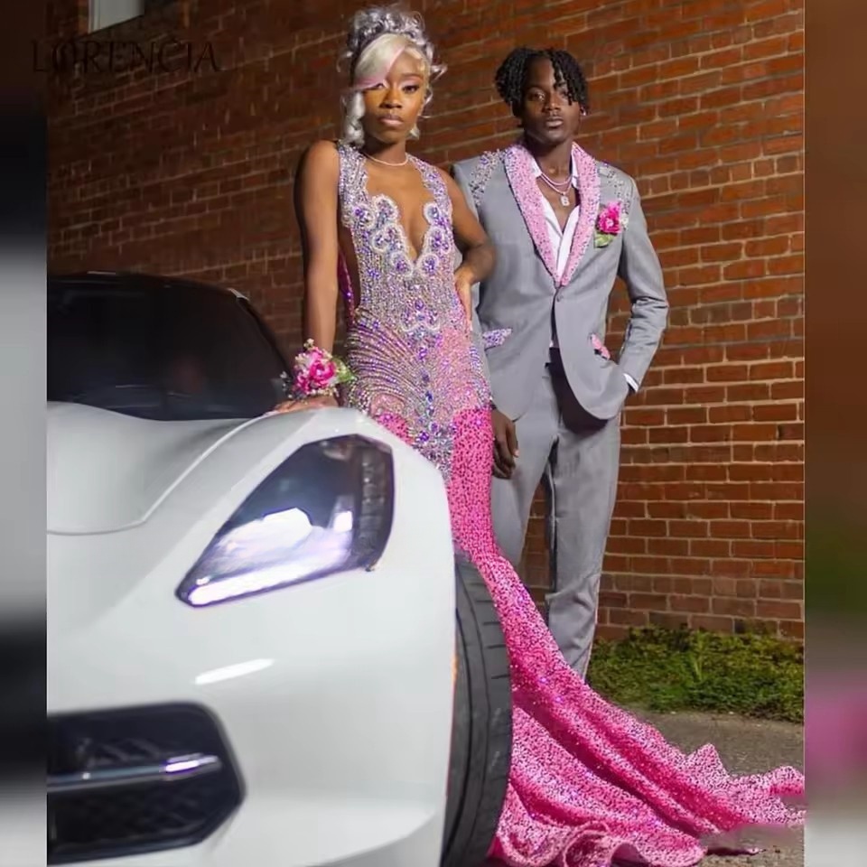 Customized Long Glitter Mermaid Prom Dress Black Girl Beaded Rhies Formal Robes De Soiree Crystals Evening Party Gowns