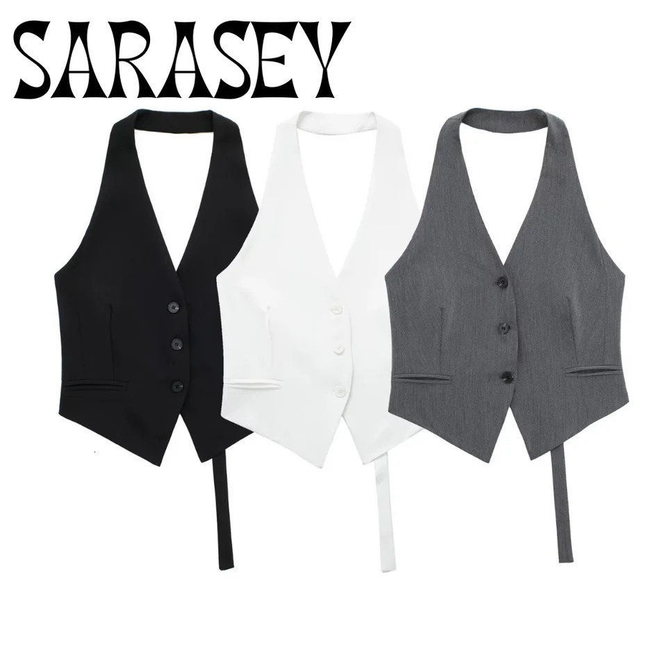 Summer 2025 Womens Sexy Halter Sleeveless Fashion Neck Vest Black and White Short Top 250227Z
