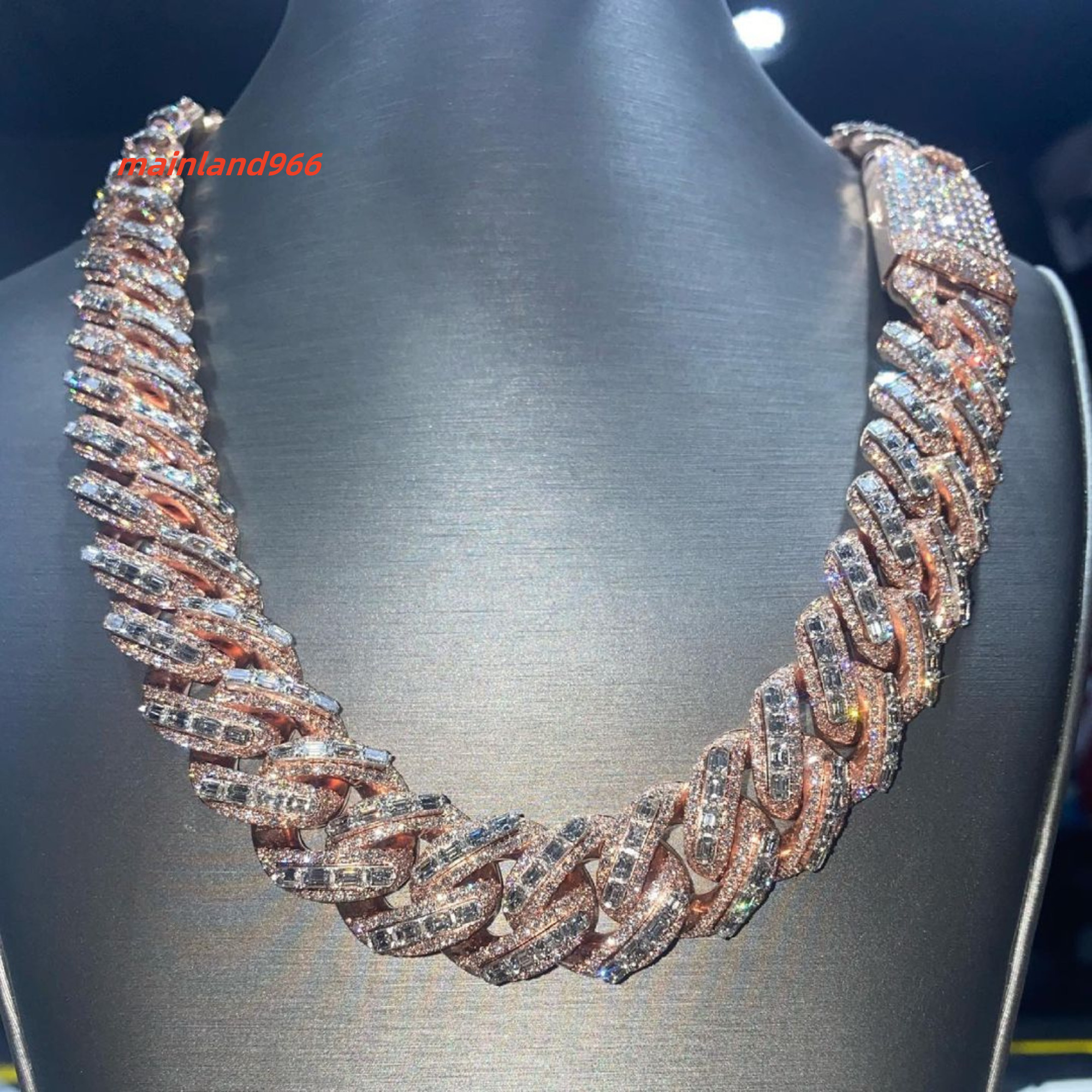 High Quality Customized 20 mm Cuban Link Moissanite Diamond Chain 925 Sterling Silver Rose Gold Diamond Chain