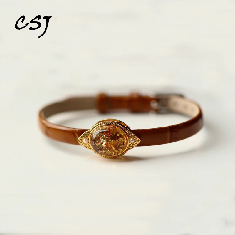 100% Natural Amber Bracelet Sterling 925 Silver Leather Bangle Yellow Gold Gemstone 10*12mm for Women Party Jewelry Gift 250303