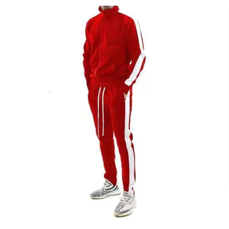 Spring And Autumn New Fashion Men's Clothing Casual Sports Stripes Matching Color Stand Collar Jacket Trousers Two-Piece Set
